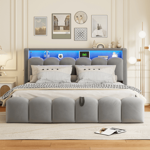 Cama multifuncional 180x200 cm - Com armazenamento hidráulico, USB, LED, design em pétalas, cinza