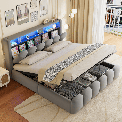 Cama multifuncional 180x200 cm - Com armazenamento hidráulico, USB, LED, design em pétalas, cinza