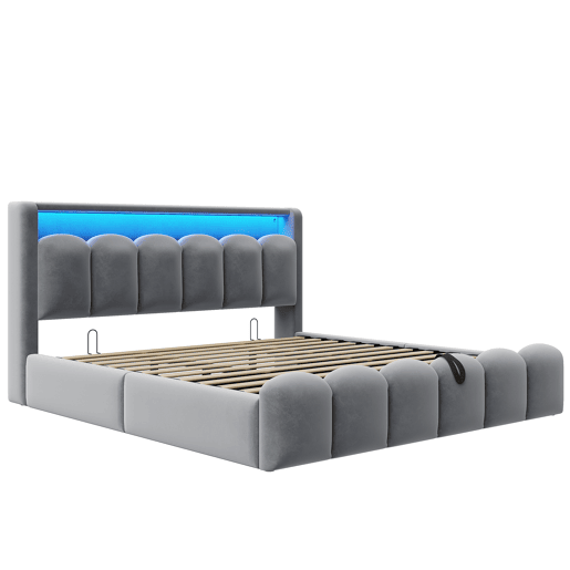Cama multifuncional 180x200 cm - Com armazenamento hidráulico, USB, LED, design em pétalas, cinza