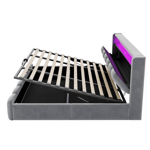 Cama multifuncional 180x200 cm - Com armazenamento hidráulico, USB, LED, design em pétalas, cinza