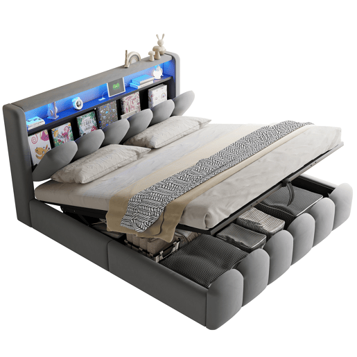 Cama multifuncional 180x200 cm - Com armazenamento hidráulico, USB, LED, design em pétalas, cinza