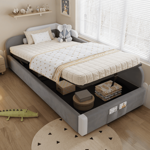 Cama hidráulica 90x200 cm - Com arrumação, cerca macia, saco de arrumação - Cinza Cama hidráulica 90x200 cm - Com arrumação, cerca macia, saco de arrumação - Cinza