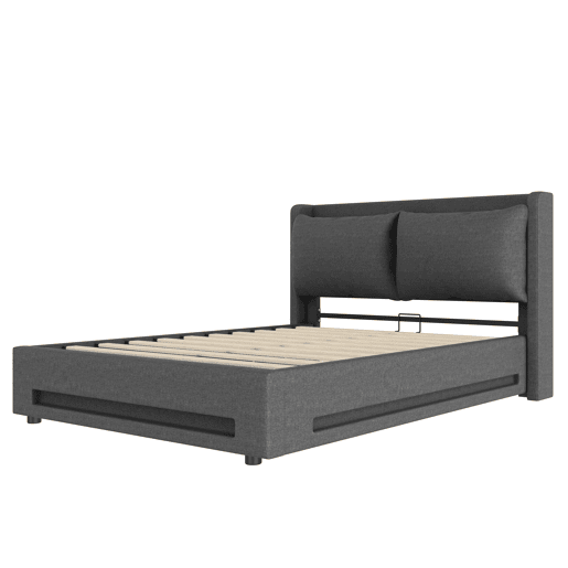 Cama com dossel 140x200 cm - Cabeceira estilizada, armazenamento, portas USB-C, iluminação LED, cinza