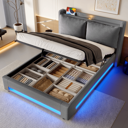 Cama com dossel 140x200 cm - Cabeceira estilizada, armazenamento, portas USB-C, iluminação LED, cinza