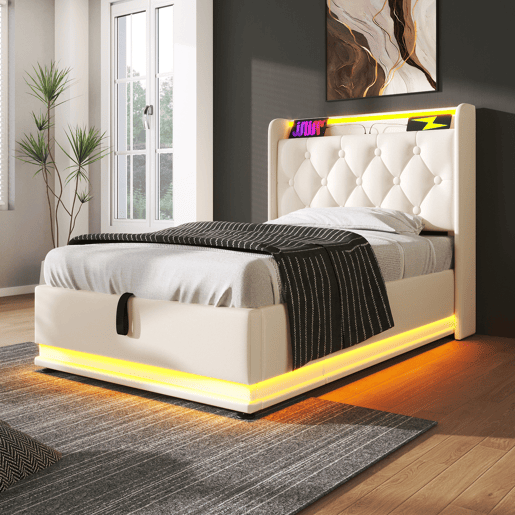 Cama individual 90x200 - LED 360°, armazenamento hidráulico, cabeceira acolchoada com USB Tipo-C - Branco PU