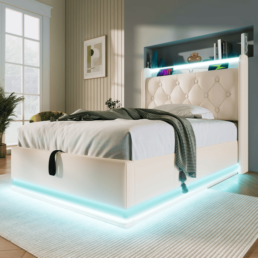 Cama individual 90x200 - LED 360°, armazenamento hidráulico, cabeceira acolchoada com USB Tipo-C - Branco PU
