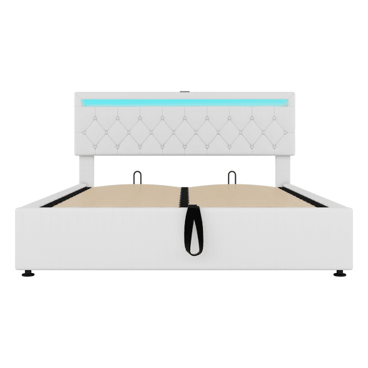 Cama estofada 160x200 cm - com arrumação, luz ambiente, USB e Tipo-C - Branco