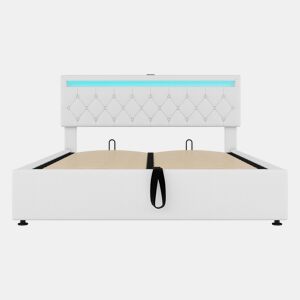 Cama estofada 160x200 cm - com arrumação, luz ambiente, USB e Tipo-C - Branco