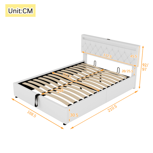 Cama estofada 160x200 cm - com arrumação, luz ambiente, USB e Tipo-C - Branco