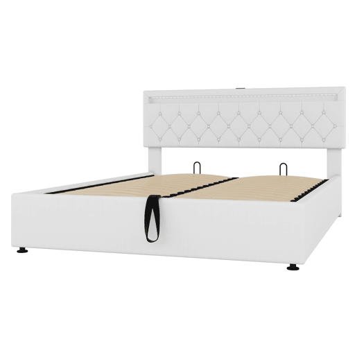 Cama estofada 160x200 cm - com arrumação, luz ambiente, USB e Tipo-C - Branco
