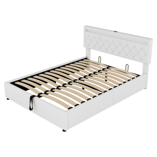 Cama estofada 160x200 cm - com arrumação, luz ambiente, USB e Tipo-C - Branco