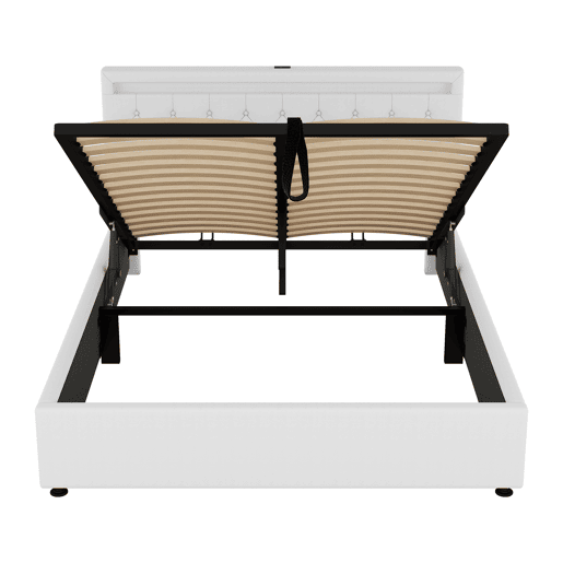 Cama estofada 160x200 cm - com arrumação, luz ambiente, USB e Tipo-C - Branco