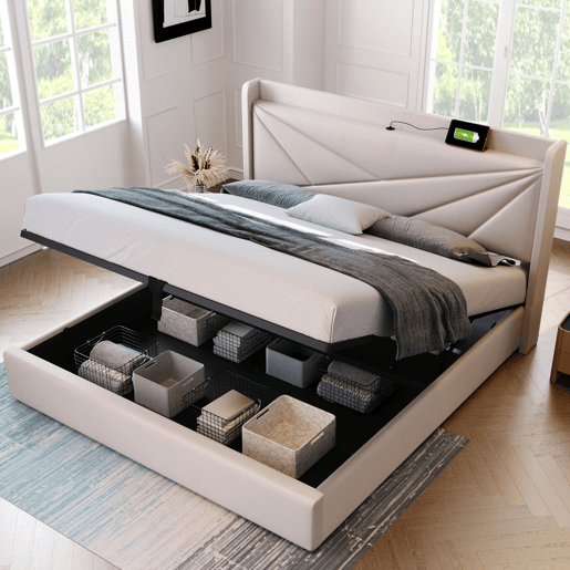 Cama estofada 140x200 - Cabeceira com arrumação, função de carregamento USB Tipo C - Bege