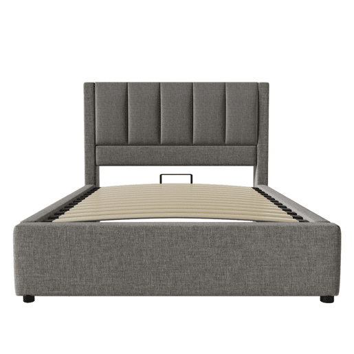 Cama estofada 90x200 cm - Com porta-copos oculto e estação de carregamento - Linho cinzento