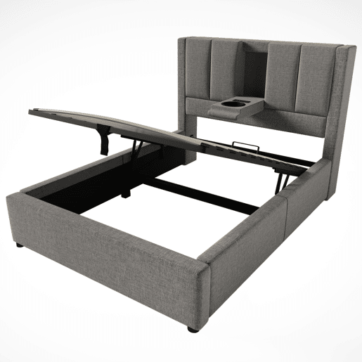 Cama estofada 90x200 cm - Com porta-copos oculto e estação de carregamento - Linho cinzento