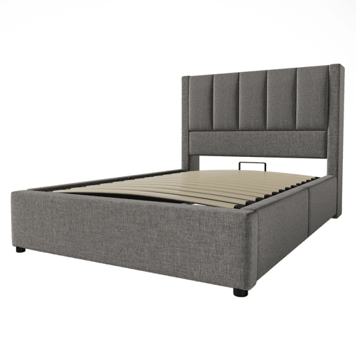 Cama estofada 90x200 cm - Com porta-copos oculto e estação de carregamento - Linho cinzento