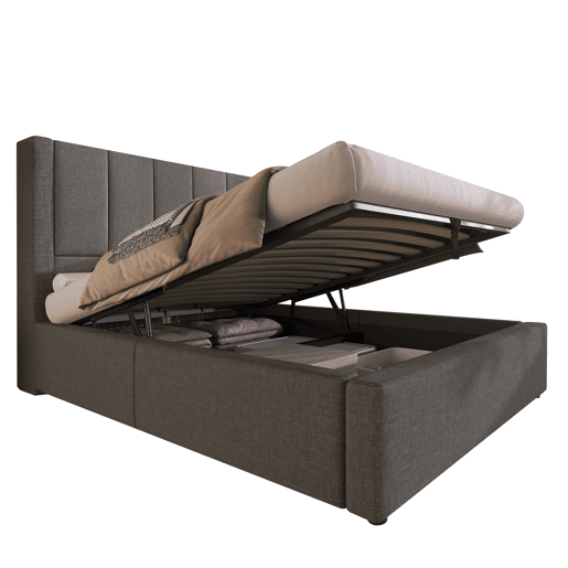 Cama estofada 90x200 cm - Com porta-copos oculto e estação de carregamento - Linho cinzento