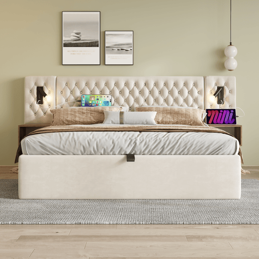 Conjunto completo para quarto 160x200 - Cama estofada com arrumação hidráulica, 2 mesas de cabeceira, luz LED com USB - Bege, veludo