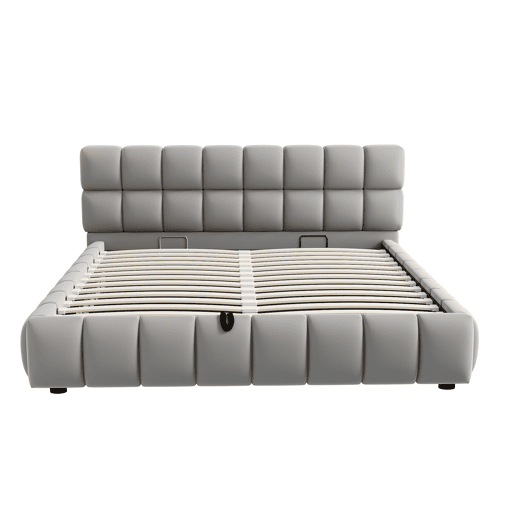 Cama estofada 140x200 cm - Cabeceira e laterais volumosas, função de armazenamento hidráulico, cinza