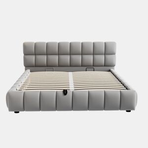Cama estofada 140x200 cm - Cabeceira e laterais volumosas, função de armazenamento hidráulico, cinza