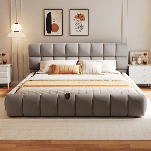 Cama estofada 140x200 cm - Cabeceira e laterais volumosas, função de armazenamento hidráulico, cinza