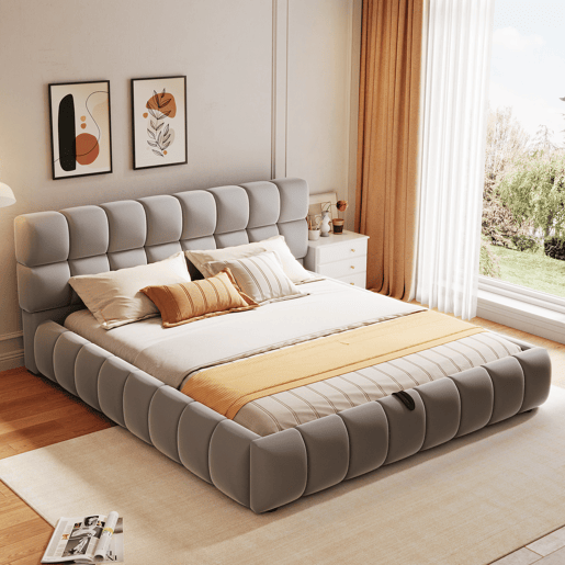 Cama estofada 140x200 cm - Cabeceira e laterais volumosas, função de armazenamento hidráulico, cinza