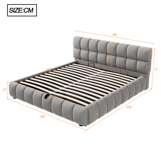 Cama estofada 140x200 cm - Cabeceira e laterais volumosas, função de armazenamento hidráulico, cinza