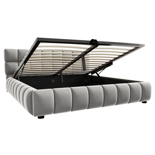 Cama estofada 140x200 cm - Cabeceira e laterais volumosas, função de armazenamento hidráulico, cinza