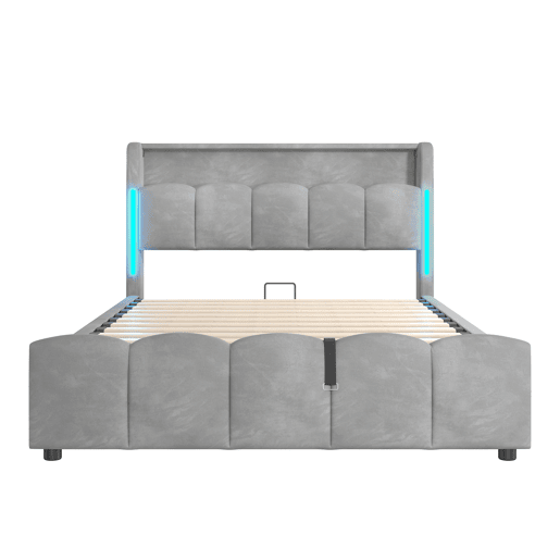 Cama estofada 140x200 cm - Sem colchão, iluminação LED, cabeceira com arrumação, USB e Tipo-C, cinzenta