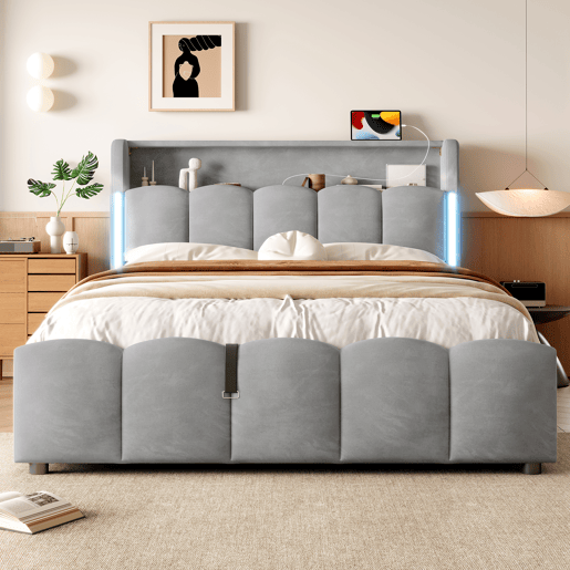 Cama estofada 140x200 cm - Sem colchão, iluminação LED, cabeceira com arrumação, USB e Tipo-C, cinzenta