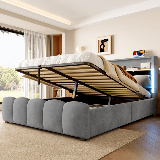Cama estofada 140x200 cm - Sem colchão, iluminação LED, cabeceira com arrumação, USB e Tipo-C, cinzenta