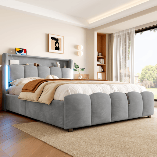 Cama estofada 140x200 cm - Sem colchão, iluminação LED, cabeceira com arrumação, USB e Tipo-C, cinzenta