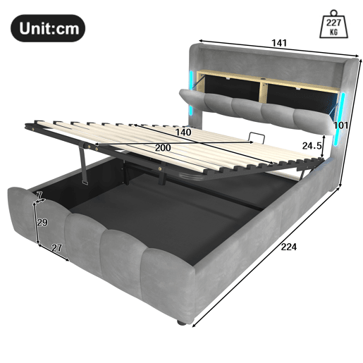 Cama estofada 140x200 cm - Sem colchão, iluminação LED, cabeceira com arrumação, USB e Tipo-C, cinzenta