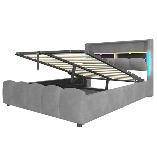Cama estofada 140x200 cm - Sem colchão, iluminação LED, cabeceira com arrumação, USB e Tipo-C, cinzenta