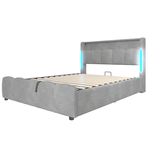 Cama estofada 140x200 cm - Sem colchão, iluminação LED, cabeceira com arrumação, USB e Tipo-C, cinzenta