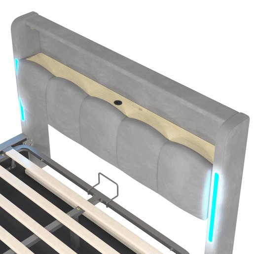 Cama estofada 140x200 cm - Sem colchão, iluminação LED, cabeceira com arrumação, USB e Tipo-C, cinzenta