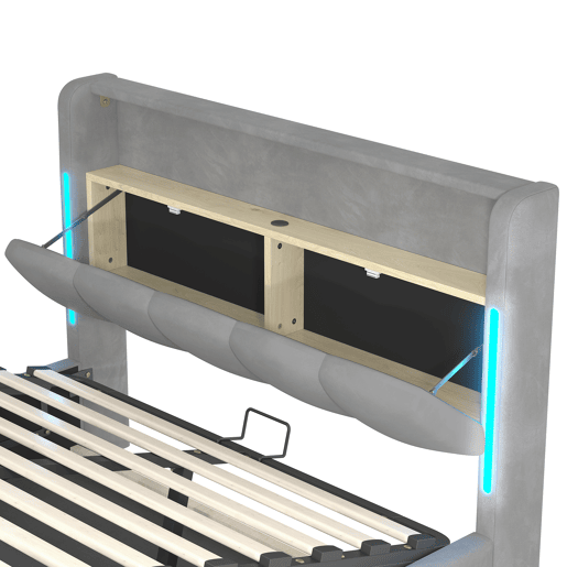 Cama estofada 140x200 cm - Sem colchão, iluminação LED, cabeceira com arrumação, USB e Tipo-C, cinzenta