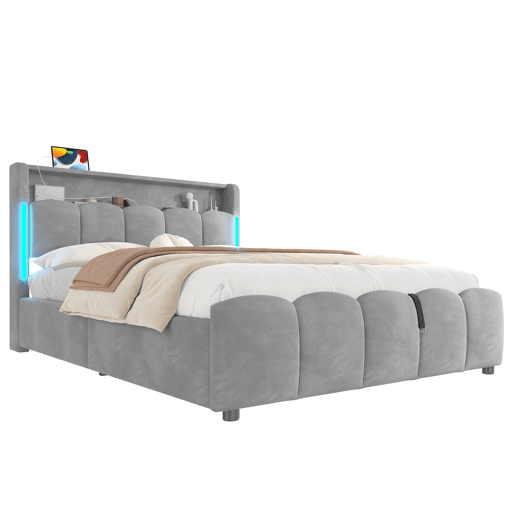 Cama estofada 140x200 cm - Sem colchão, iluminação LED, cabeceira com arrumação, USB e Tipo-C, cinzenta