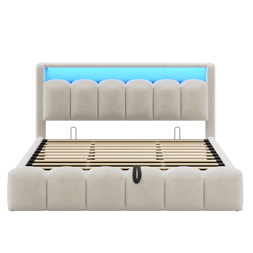 Cama multifuncional 180x200 cm - Função hidráulica, portas USB e LED, design em pétalas - Bege Cama multifuncional 180x200 cm - Função hidráulica, portas USB e LED, design em pétalas - Bege