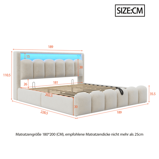 Cama multifuncional 180x200 cm - Função hidráulica, portas USB e LED, design em pétalas - Bege Cama multifuncional 180x200 cm - Função hidráulica, portas USB e LED, design em pétalas - Bege