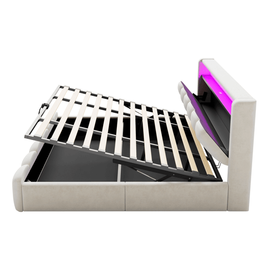 Cama multifuncional 180x200 cm - Função hidráulica, portas USB e LED, design em pétalas - Bege Cama multifuncional 180x200 cm - Função hidráulica, portas USB e LED, design em pétalas - Bege