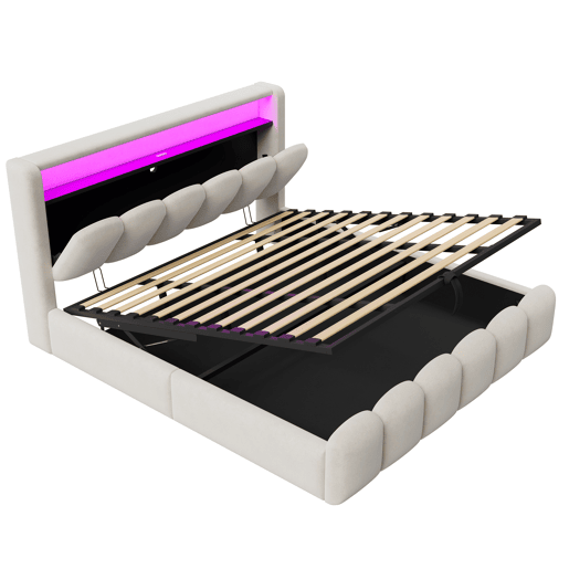 Cama multifuncional 180x200 cm - Função hidráulica, portas USB e LED, design em pétalas - Bege Cama multifuncional 180x200 cm - Função hidráulica, portas USB e LED, design em pétalas - Bege