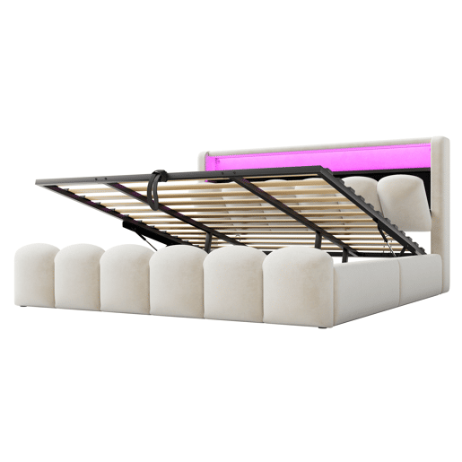 Cama multifuncional 180x200 cm - Função hidráulica, portas USB e LED, design em pétalas - Bege Cama multifuncional 180x200 cm - Função hidráulica, portas USB e LED, design em pétalas - Bege