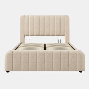 Cama Polsterbett 140x200 - Cabeceira acolchoada com tiras douradas, função de carregamento USB - Bege