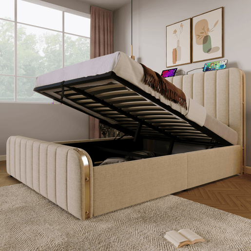 Cama Polsterbett 140x200 - Cabeceira acolchoada com tiras douradas, função de carregamento USB - Bege