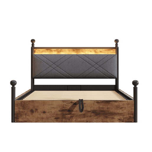 Cama multifuncional em ferro forjado 140x190 - Armazenamento hidráulico, dossel, LED, USBType-C - Preto