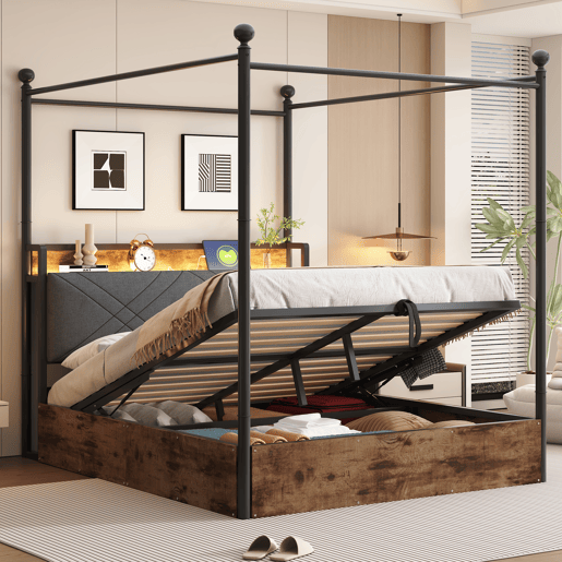 Cama multifuncional em ferro forjado 140x190 - Armazenamento hidráulico, dossel, LED, USBType-C - Preto