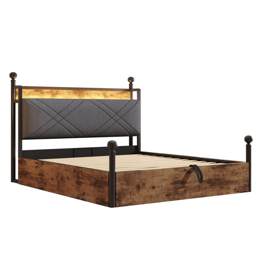 Cama multifuncional em ferro forjado 140x190 - Armazenamento hidráulico, dossel, LED, USBType-C - Preto