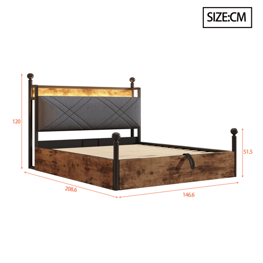 Cama multifuncional em ferro forjado 140x190 - Armazenamento hidráulico, dossel, LED, USBType-C - Preto