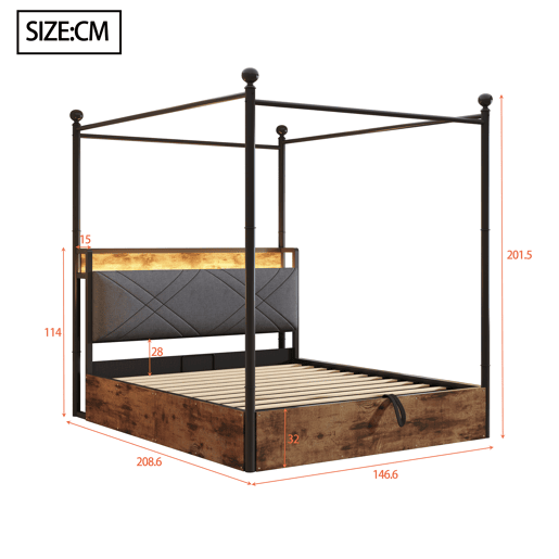 Cama multifuncional em ferro forjado 140x190 - Armazenamento hidráulico, dossel, LED, USBType-C - Preto